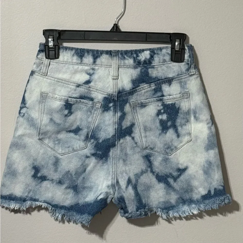High-Rise Tie-Dye Cloud Wash Distressed Cutoff Denim Shorts bp Size 25